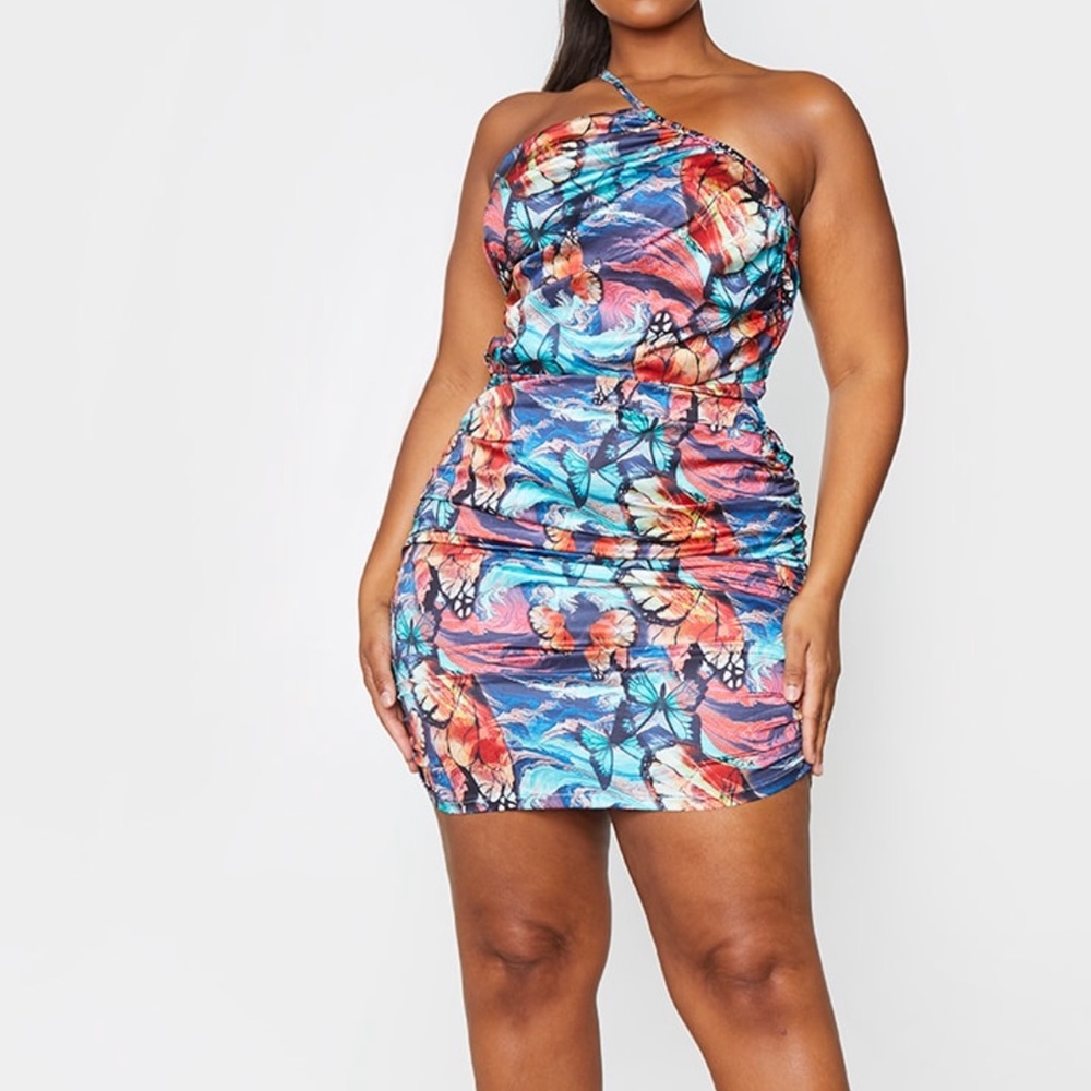 Multi Butterfly Print Satin Bodycon Dress